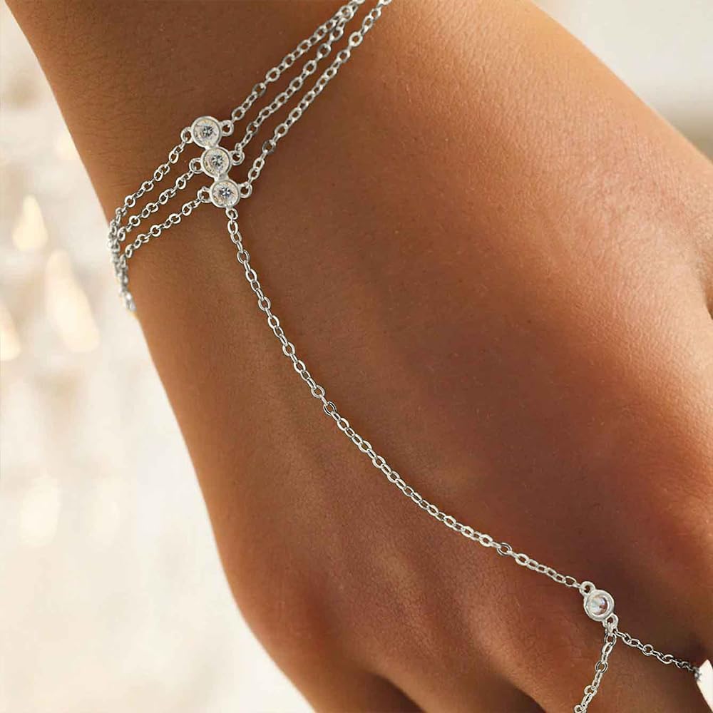 Valentines Day Gifts for Her,Diamond Gold Love Heart Hand Chain Bracelet for Women, 925 Sterling Silver White CZ Heart Star Finger Ring Bracelets 14k Gold Plated Dainty Layered Stackable Link Chain Trendy Body Summer Jewelry Wedding Gifts - Image 8