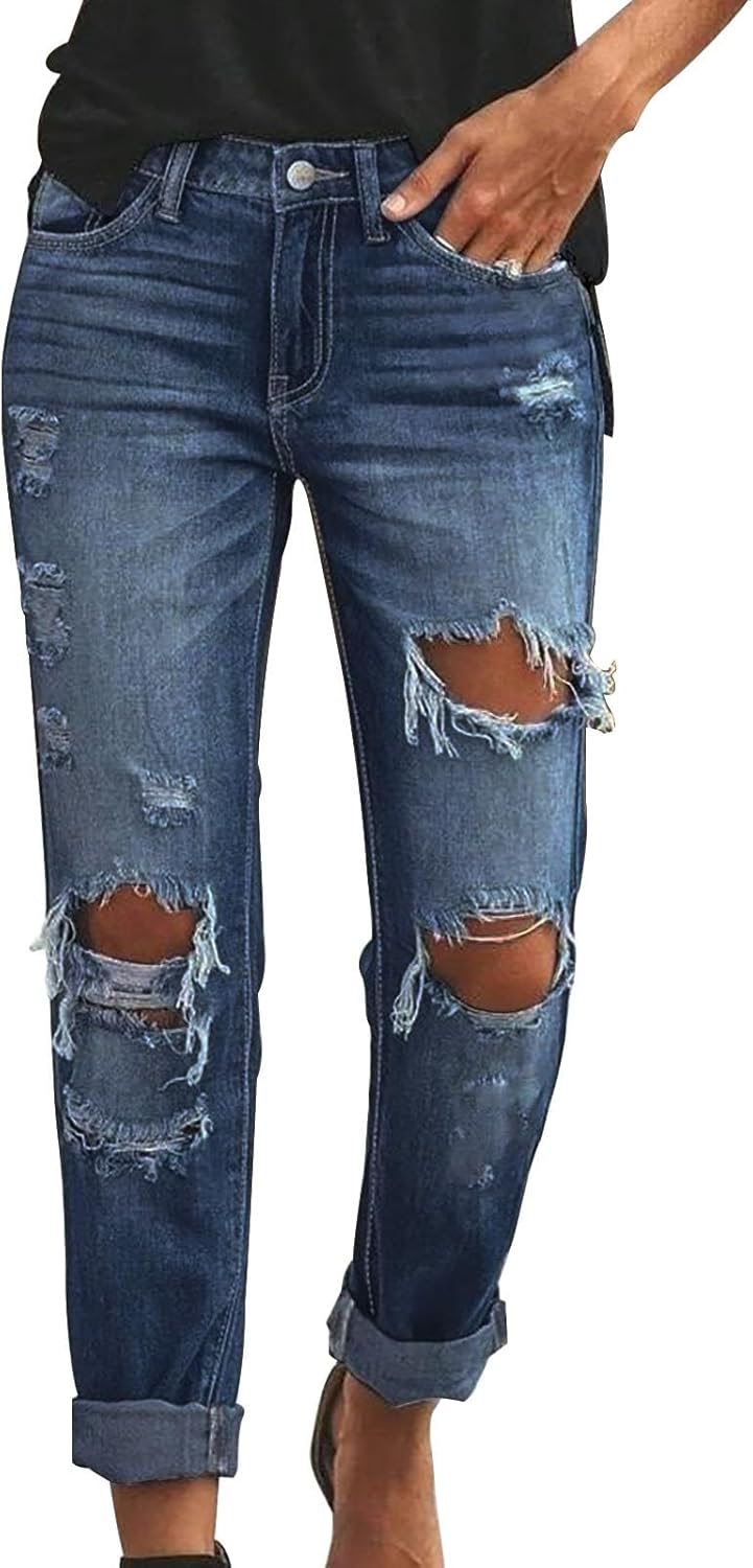 Womens Jeans High Waist Stretch Ripped Cropped Denim Pants Distressed Rolled Cuff Boyfriend Streetwear with Pockets