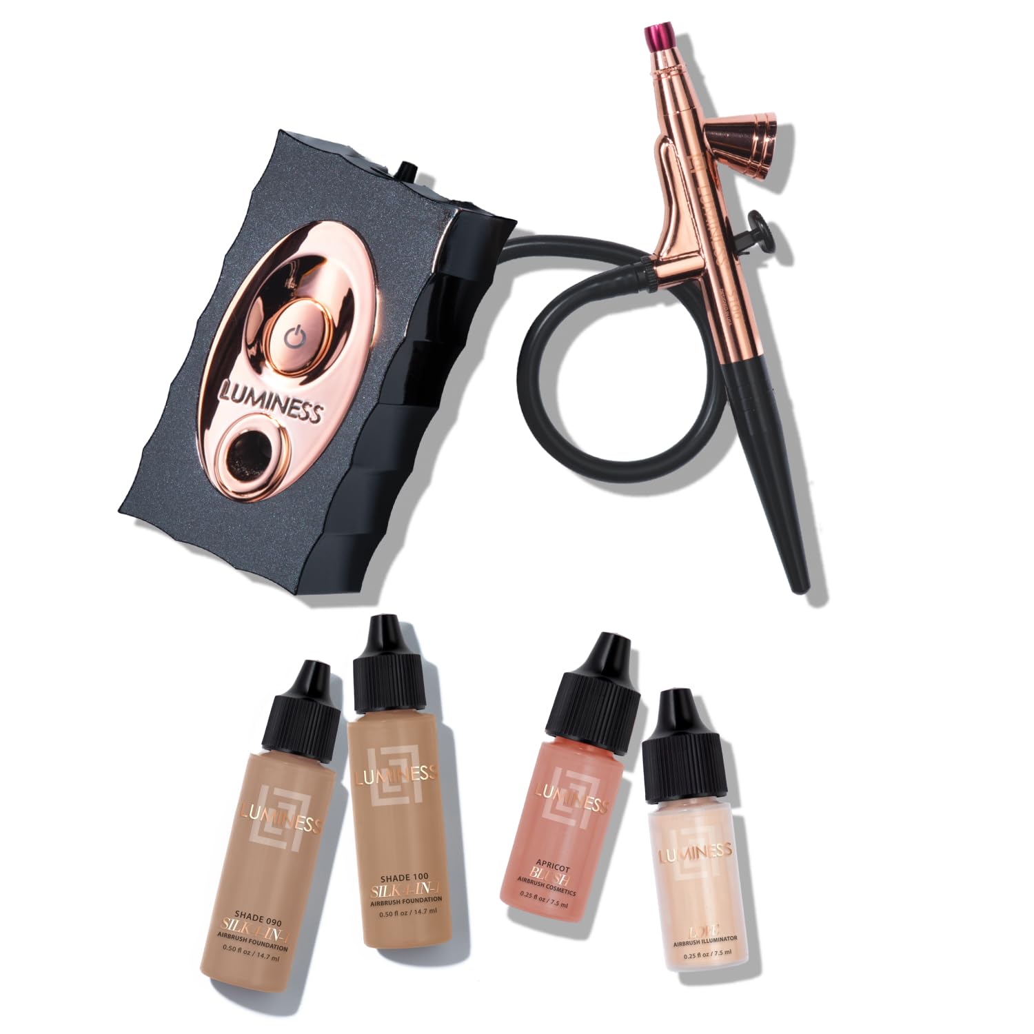 Luminess Air Icon Makeup Airbrush System and 4-Piece Foundation Starter Kit, Tan Coverage - Quick, Easy & Long Lasting Application - Includes Silk 4-In-1 Foundation, Highlighter & Blush