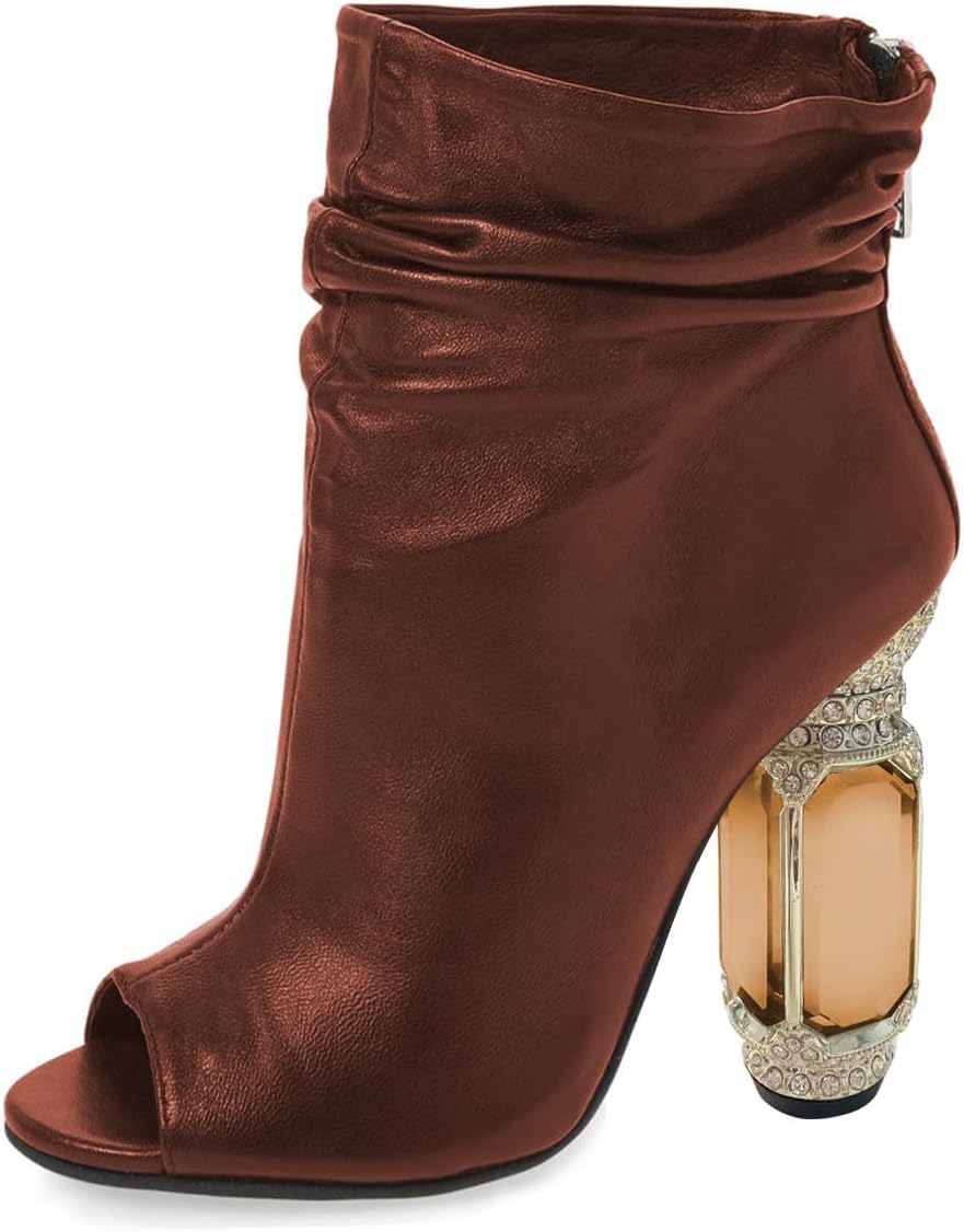 FSJ Women Stylish Peep Toe Slouch Ankle Boots Chunky Stacked Heels Party Prom Nightclub Evening Wedding Crystal Heel Dress Shoes Size 4-15 US