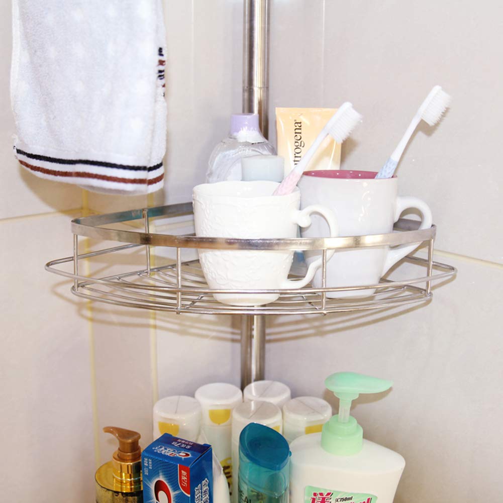 OHMG Scaffale doccia senza foratura, scaffale angolare telescopico, regolabile in altezza, mensola angolare da bagno in acciaio inox, da pavimento a soffitto, 3 vassoi, 1 porta asciugamani (110-280