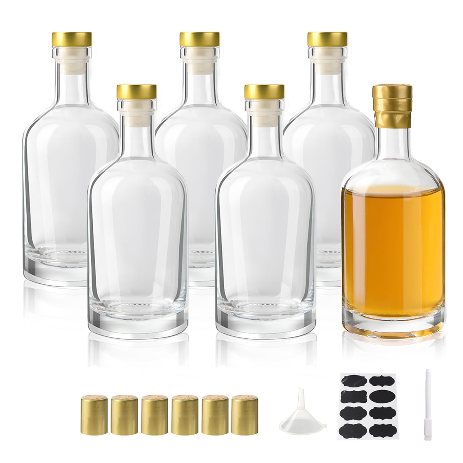 BPFY 6 Pack 12 oz (375ml) Clear Glass Liquor Bottles with T-Top Cap, Heat Shrink Capsules, Vodka Bottles for Wine, Kombucha, Syrup, Beverages, Drinks,