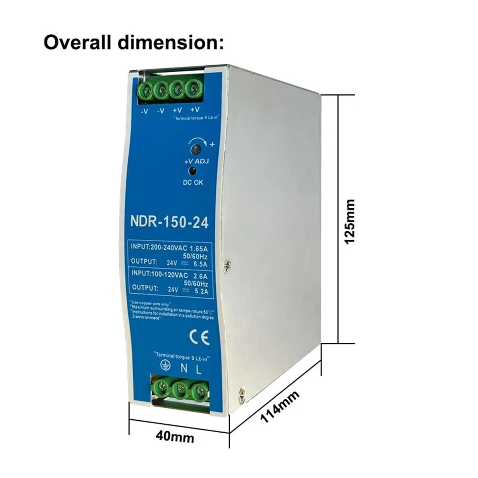 Zasilacz impulsowy, 2,5A 12V 5,2A 24V NDR150W Przemysłowy zasilacz impulsowy montowany na szynie DIN z pojedynczym wyjściem AC na DC(NDR-150W-12V 2.5A)