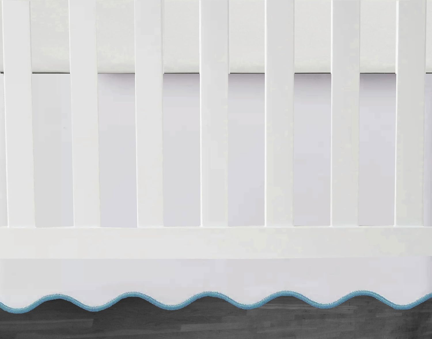 Scalloped Embroidery Crib Skirt White 100% Cotton Sateen Crib Skirt with Split Corners ; 4-Sided Skirt fits Around The Entire Crib (Light Blue, 16 INCH)