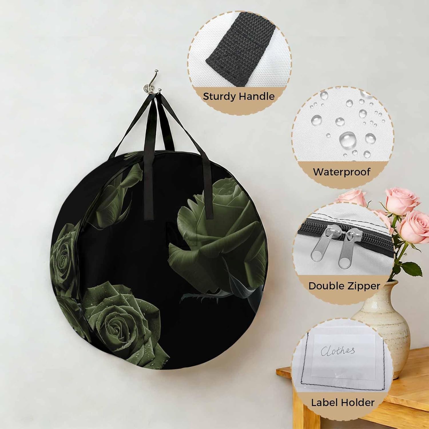 Storage Bag Sage Green Rose Round Storage Totes Bins Closet Organizers with Zippers & Handle Vintage Flower Garden Clothes Storage Container for Bedroom Dorm Space Saving Packing Supplies Moving Bags