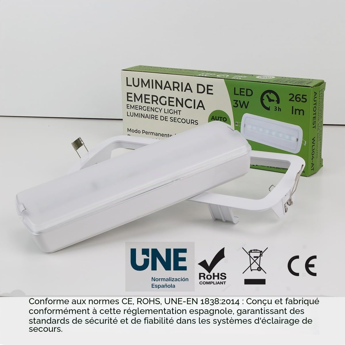 Alpinaluz Autotest Lumières d'urgence LED 3 W, batterie au lithium, mode permanent et non permanent, montage encastré ou surface, 265 lm, 6500 K, 3 heures d'autonomie