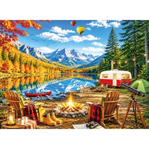 500 Piece Jigsaw Puzzle for Adults, Autumn Camping Mountain Lake RV Scene