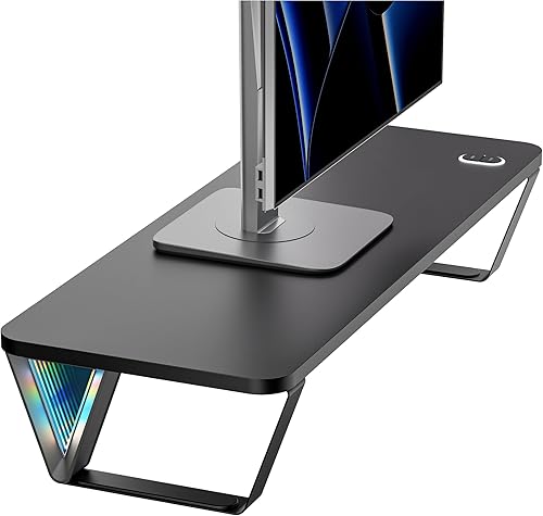 ARES WING Soporte elevador para monitor, soporte de monitor para escritorio con luces RGB, elevador de computadora de madera de 24 pulgadas,