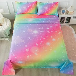 ADASMILE A & S Rainbow Fitted Bed Sheet for Kids 4 Pieces Rainbow Sheets Queen for Girls Pink Glitter Tie Dye Pastel Bed Set (1 Flat Sheet + 1 Deep Pocket Fitted Sheet and 2 Pillowcases) Bedroom Decor