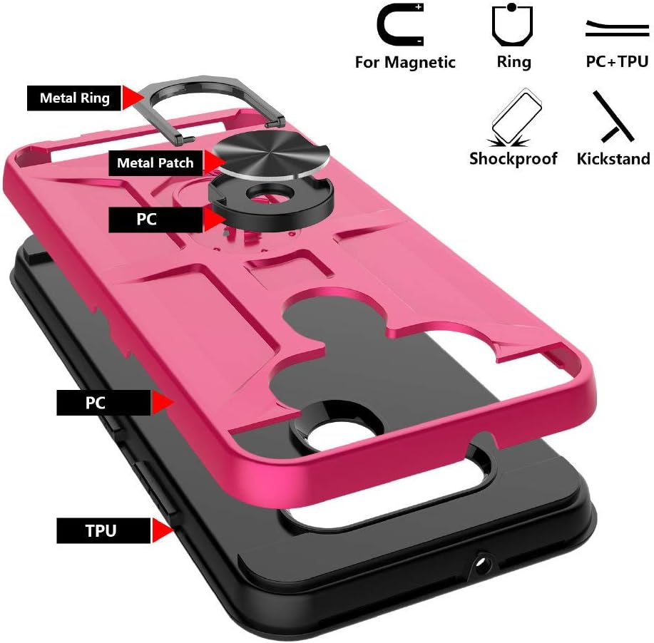 Jeylly Case for LG K51 with Tempered Glass Screen Protector, 360 Rotating Ring Kickstand Holder [Work with Magnetic Car Mount] Armor Defender Shockproof Phone Case for LG K51/Q51, Rose