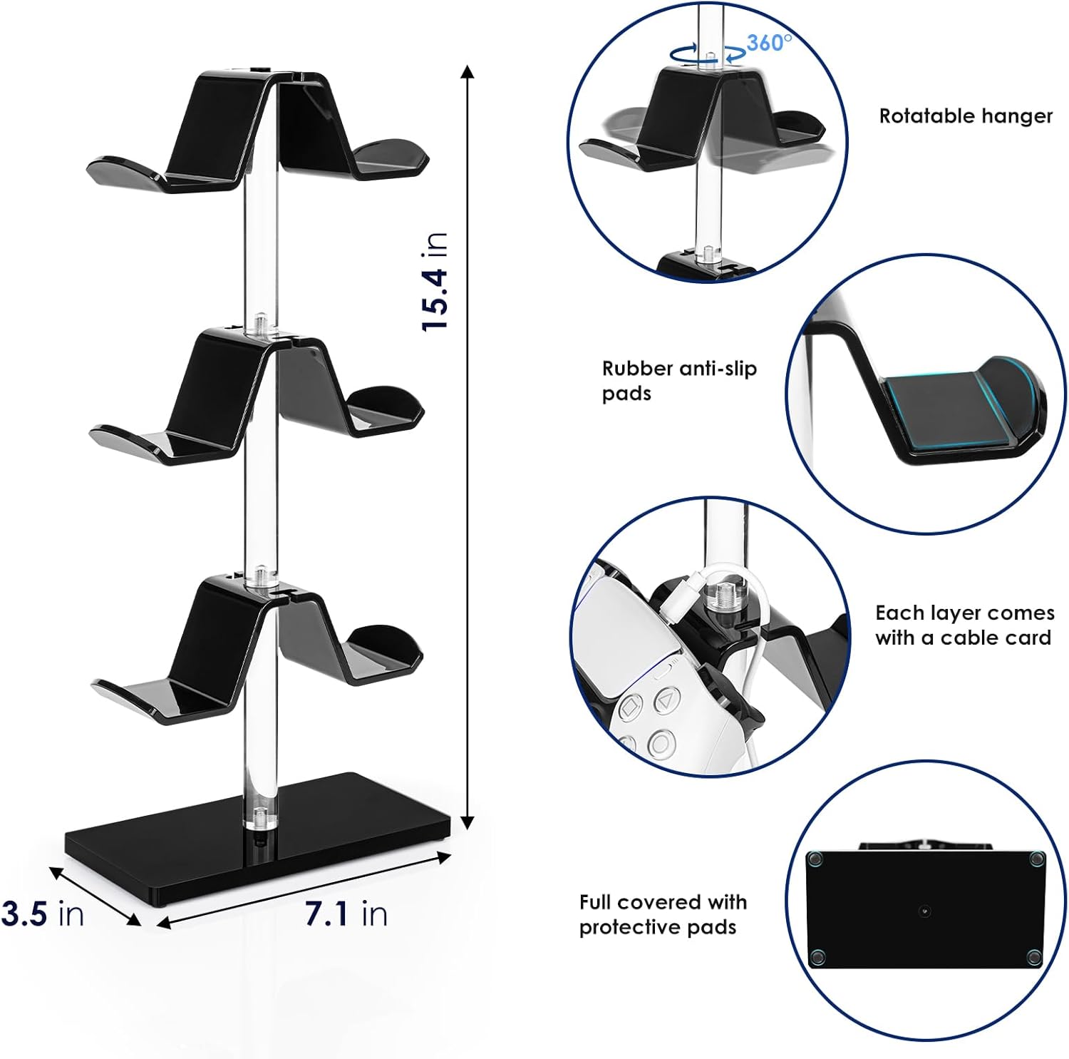 OAPRIRE 3 Tier Acrylic Controller Stand | Gaming Gear Organizer, Universal Controller Holder with Wide Reinforced Base, 360° Rotation, Built-in Cable Management Hole, Black