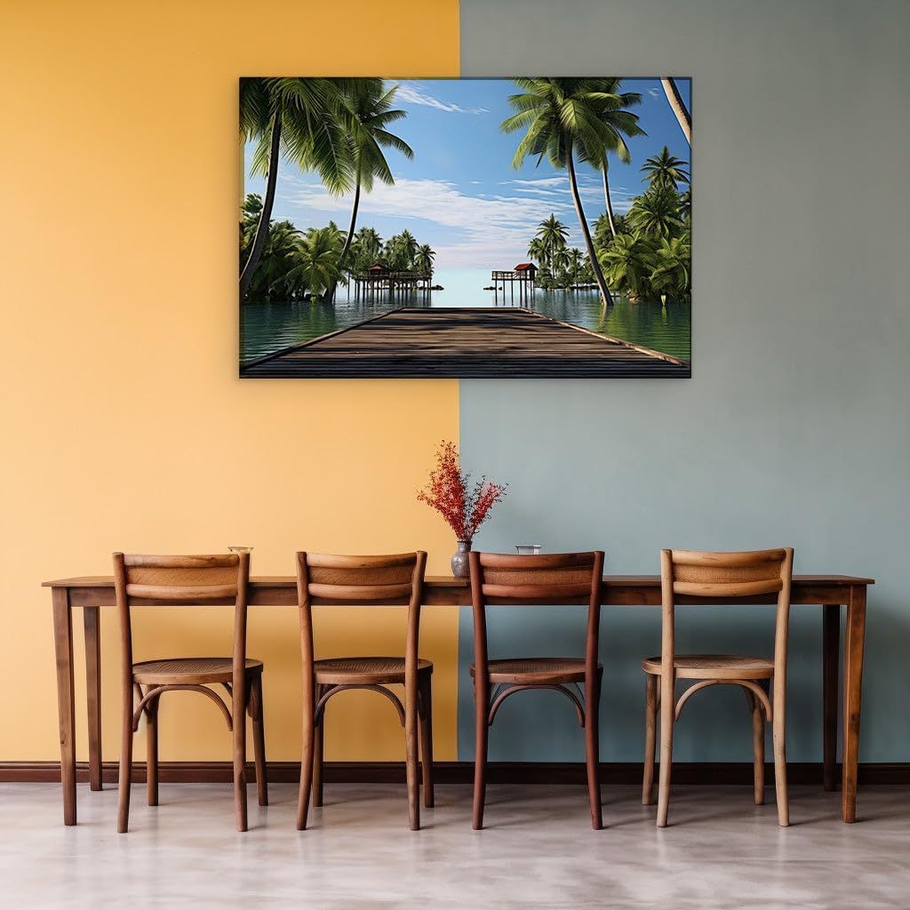 Canvas for Living room. Escape to Paradise: Discover Tranquility on a Secluded Tropical Pier, 27 x 18 inch Canvas Wall Art - Botanical Home Decor