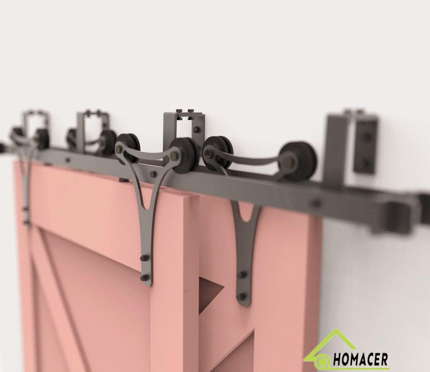Homacer Black Rustic Double Track U-Shape Bypass Sliding Barn Door Hardware Kit, for Two/Double Doors, 12ft Long Flat Track, Horns Design Roller