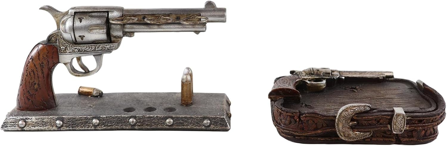 Ebros Gift Rustic Western Cowboy Wild West Sheriff Revolver Pistol Guns with Belt Buckle Tooled Leather Finish Bathroom Set of 2 Toothbrush Holder and Soap Dish Tray Resin Figurines