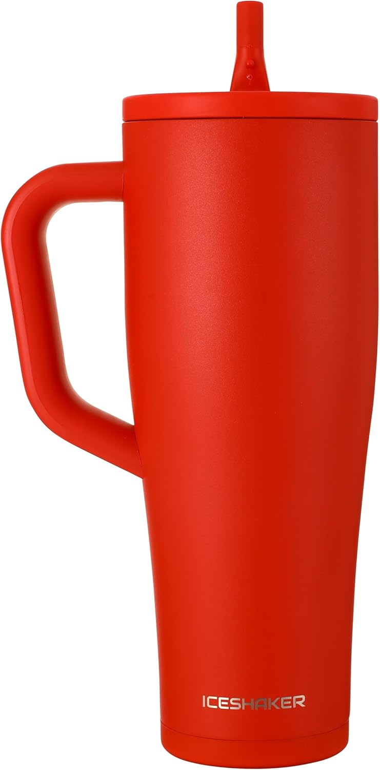 Ice Shaker 40 oz Tumbler with Handle and Straw | 40oz Red | Cold for 30+ Hours | 2-in-1 Tumbler Shaker Bottle | Odor-Free 40 ounce Bottle for Water, Protein Shakes, Smoothies, Cocktails