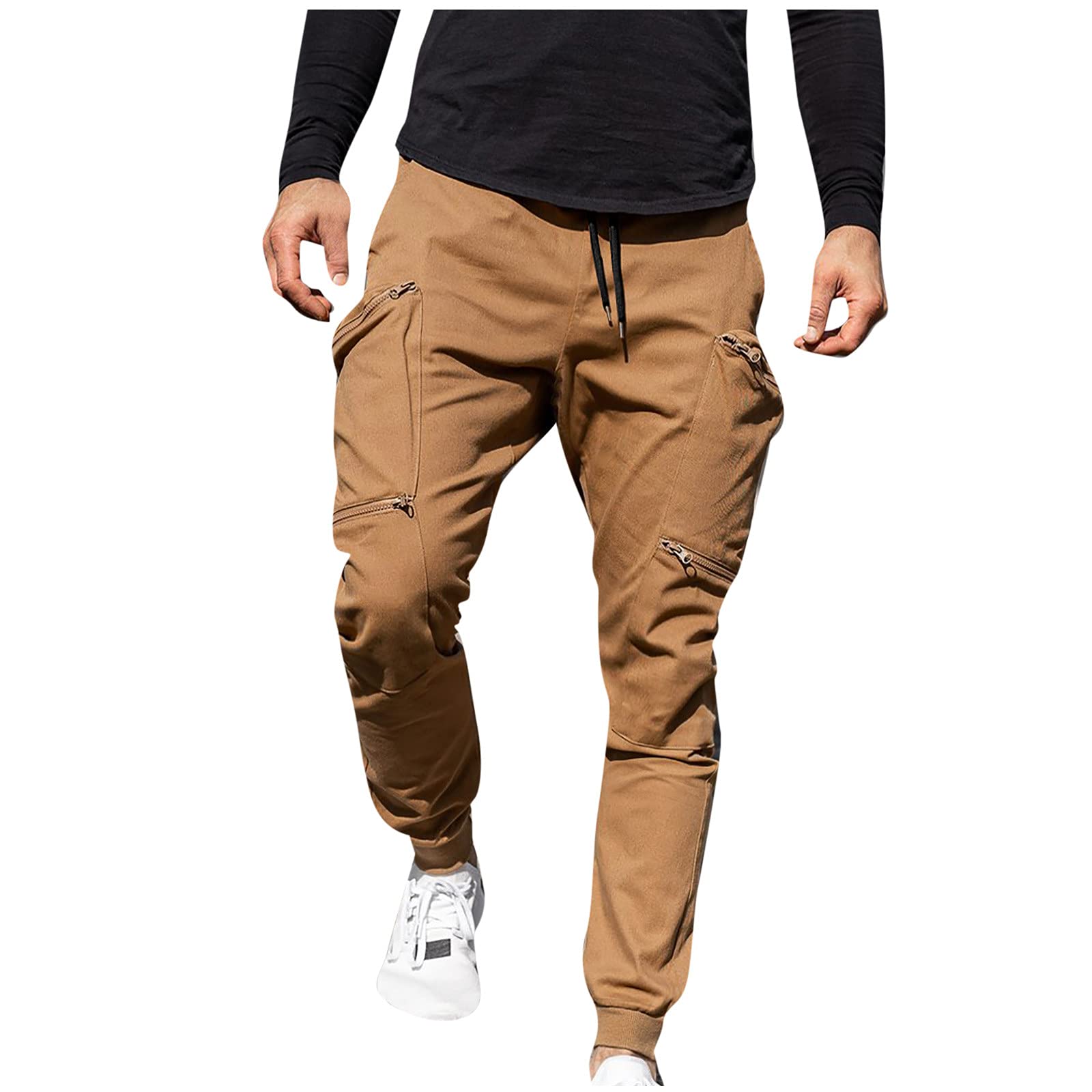 Mens Jogging Bottoms Ribbed Cargo Combat Trousers with Elastic Waist Multi-Pocket Running Joggers Sweatpants Tracksuit Bottoms Casual Workout Trousers