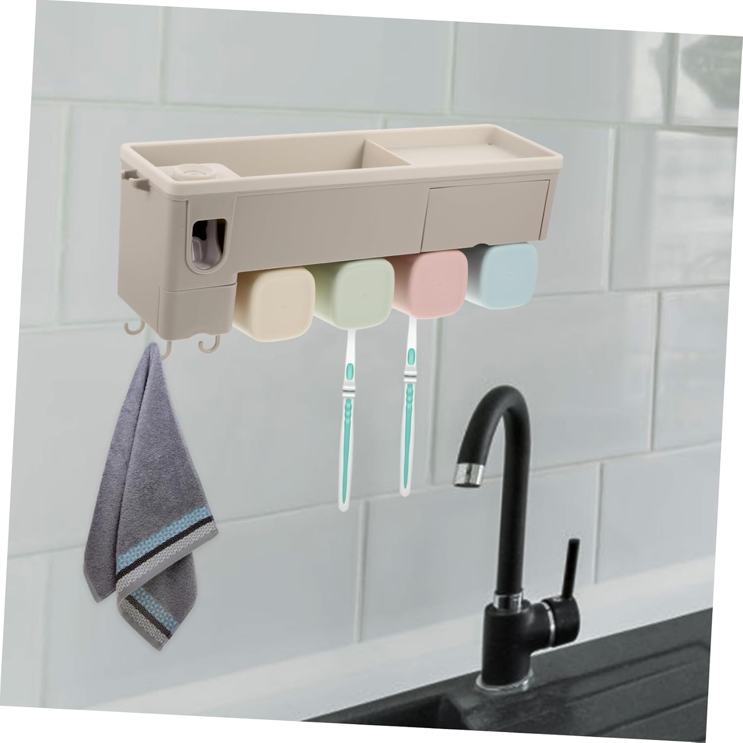 PRETYZOOM Simple Elegant Wall-Mounted Toothbrush Holder Automatic Squeeze Toothpaste Holder Brush Storage Modern Rack