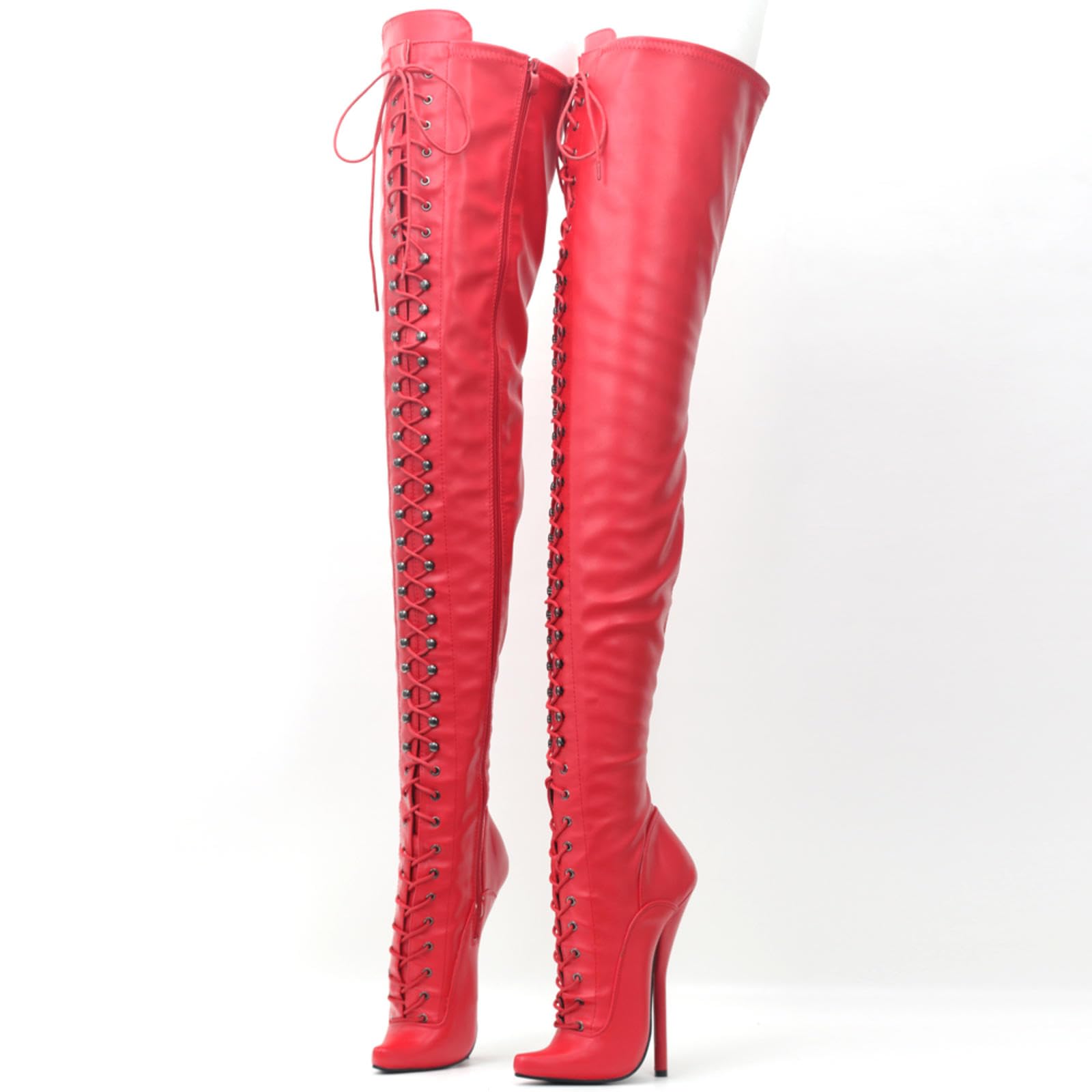 Tacchi Donna Teli Alti 18 Cm Stivali Alti Alti Allacciati in Pelle Brevetto Stivali da Ballo Sottile Tallone Fine,Red-44