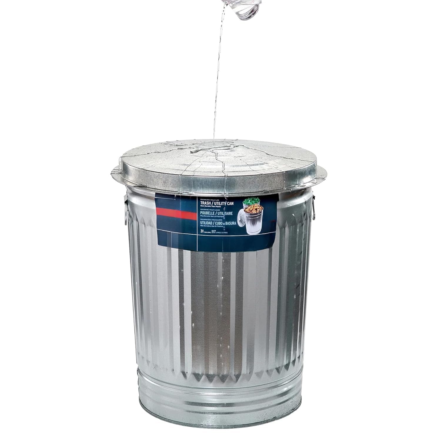 31 Gallon Galvanized Steel Trash Can with Lid, Heavy Duty Metal Bin for Yard Waste & Pet Food Storage, Rustproof Durable