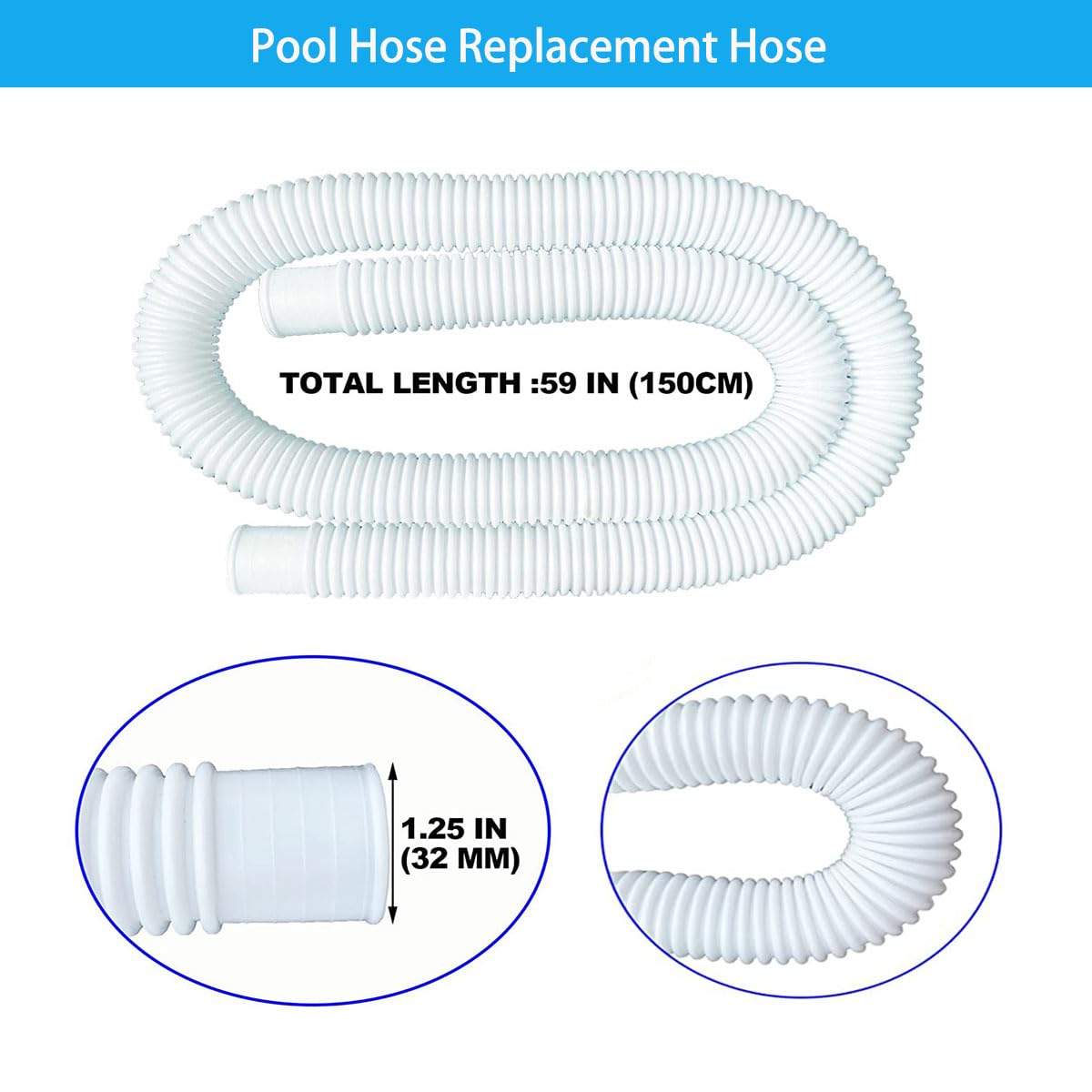 Tuyau piscine, 2Pcs 32mm Tuyau pompe piscine Rechange pour Intex 330, 530 et 1000 GPH, 150cm/59in Hose pour Piscine Hors Sol
