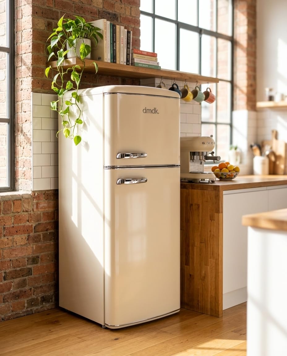 DMDK DKC2 Independiente Refrigerador/Congelador, 206 L Contenido neto, 4 estantes ajustables, bandeja grande para verduras, crema, clase energética E