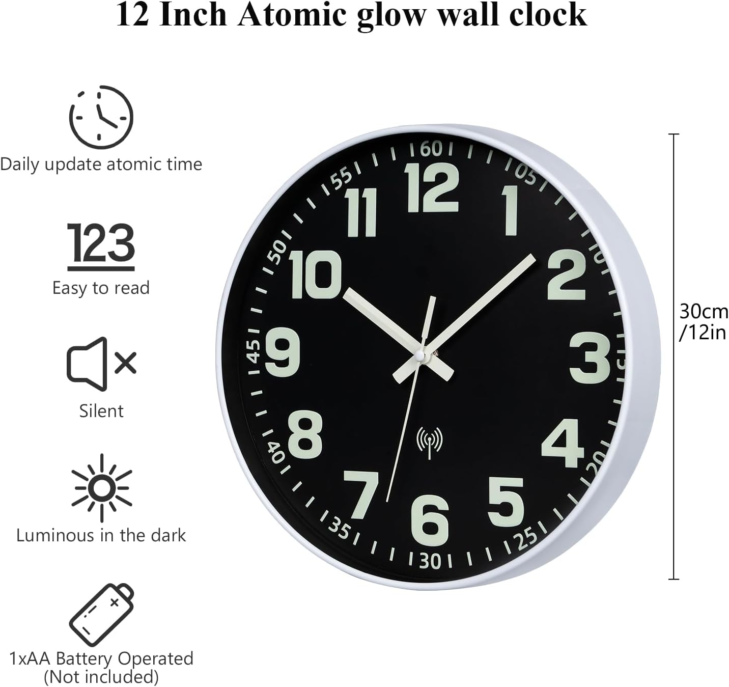 Atomic Wall Clock with Glow in the Dark Night Light 12" | Wall Clock Battery Operated, Easy to Read, Analog Clock, Luminous Numerals, Lighted up,Home Decor, for Bedroom Living Room