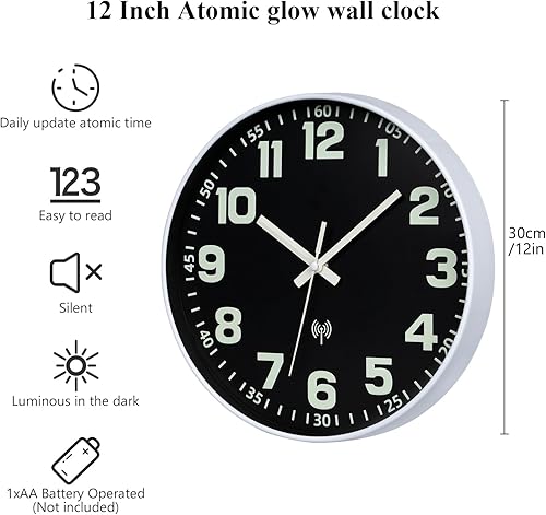 Miniatura 5 de Reloj atómico con brillo en la oscuridad, juegos analógicos que funcionan automáticamente con pilas, fácil de leer, números luminosos de 12