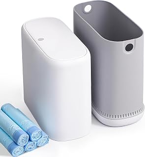 Slim Bathroom Trash Can with Lid - Pop Up & Air-Press Bag Expander - 3 Gallon Small Garbage Can for Bedroom, Dorm, Office(Bin: White | Includes 5 Rolls (75 Bags))