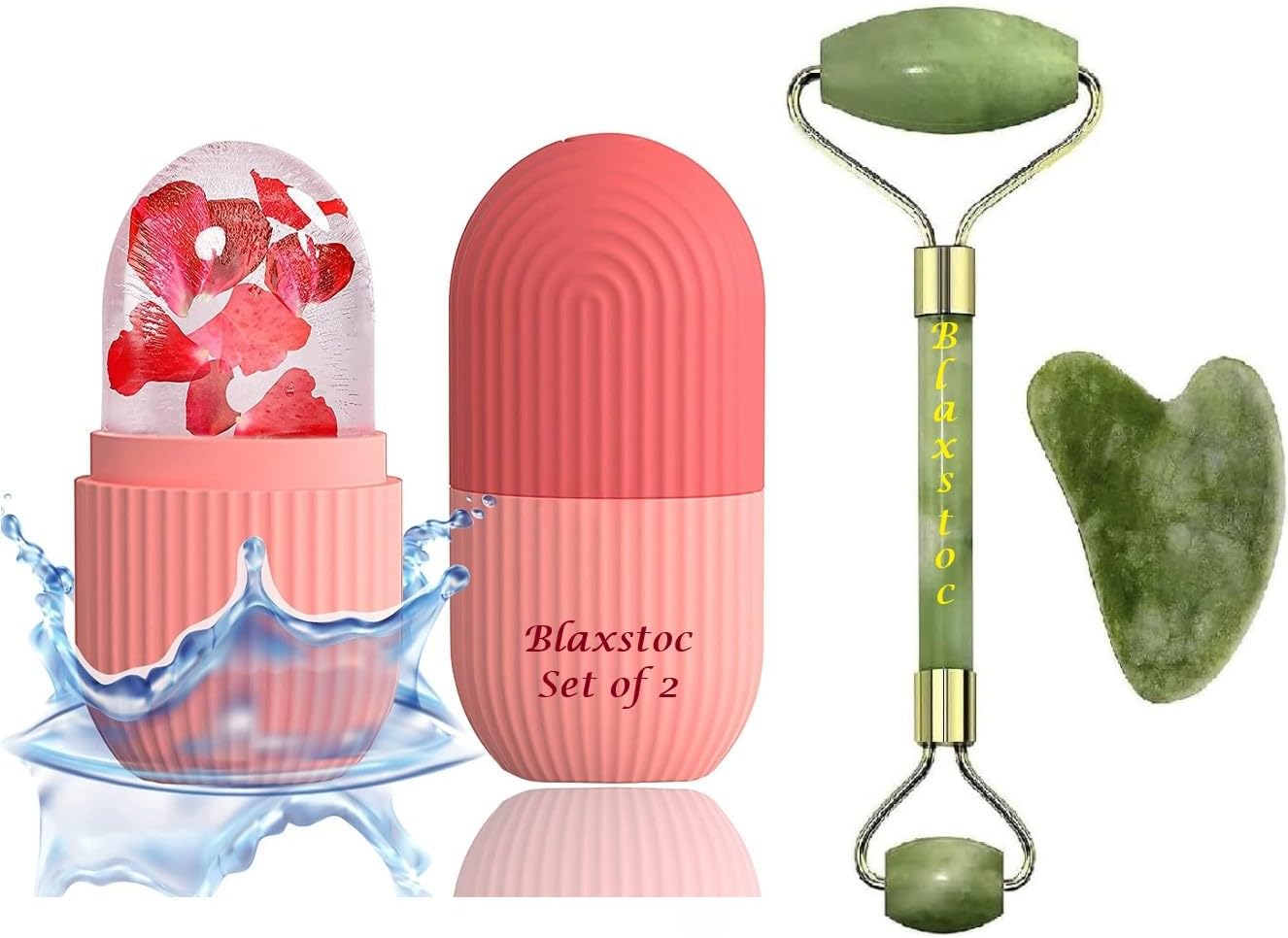 BLAXSTOC Reusable Jade Roller & Gua Sha Stone - Set of 3 with Ice Roller for Face, Guasha Facial Tool & Gua Sha Stone for face, Facial Ice Roller & Ice Massager Jade Roller for Face Massager