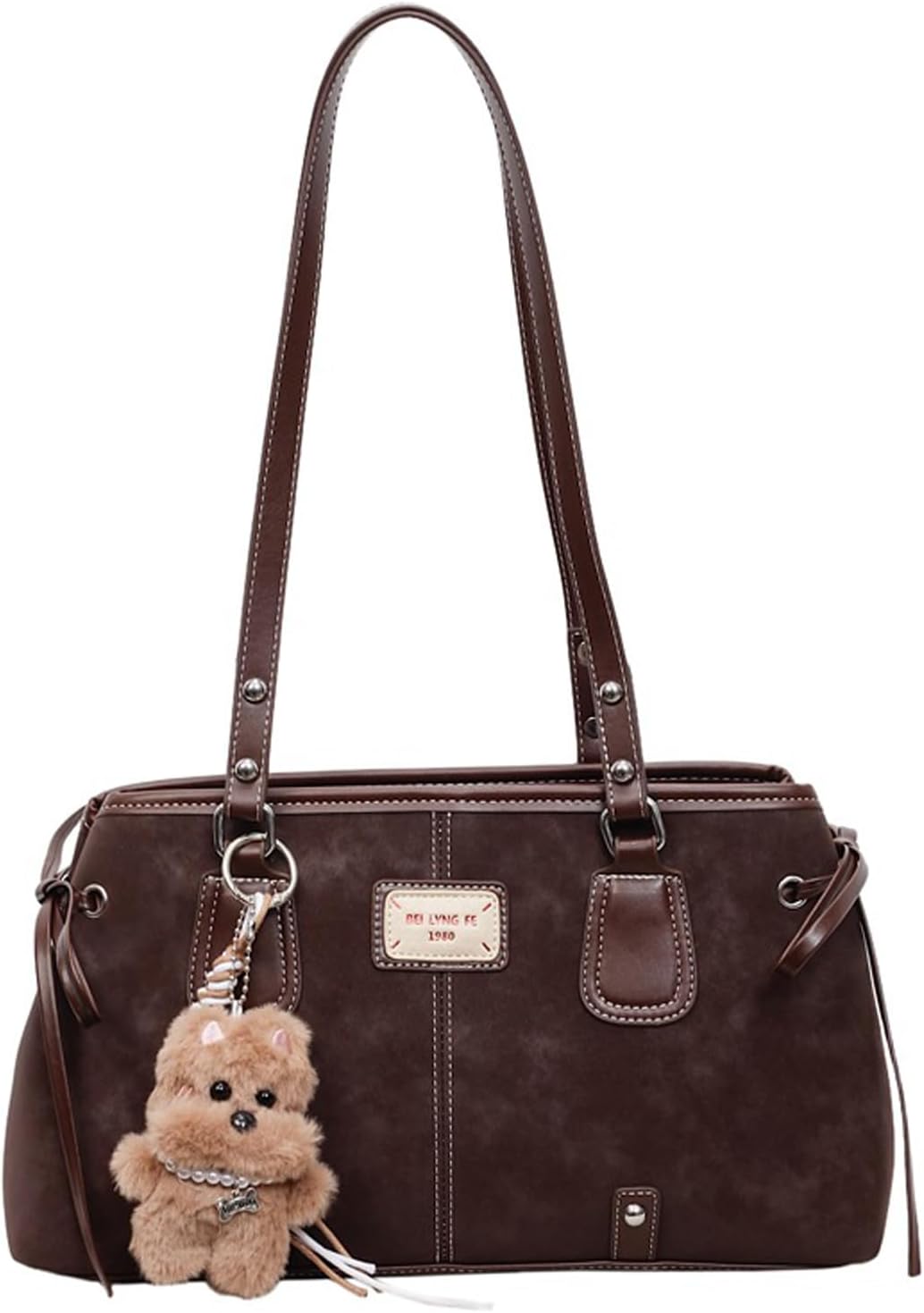Vintage Shoulder Bag Brown Purses for Women Hobo Handbag Faux Leather Shoulder Purse with Cute Bear Pendant