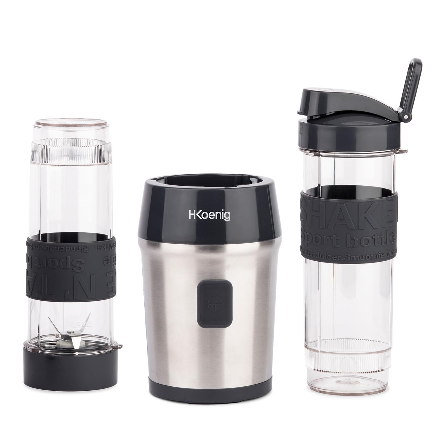 H.Koenig Smoothie Maker SMOO9 – mini blender – 300 W – 570 ml – stal szlachetna – 2 butelki z tworzywa sztucznego – nie zawiera BPA