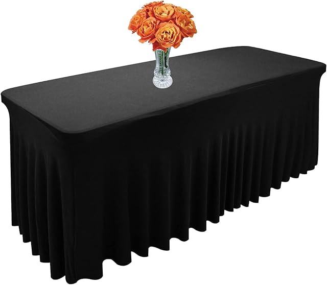 Dololoo Spandex Table Skirts 6ft for Rectangle Table, Table Cover for 6ft Table with Skirt, Fitted Rectangular Stretchable Table cloth for Wedding Party Exhibitions Cocktail Bar Patio Craft- Black