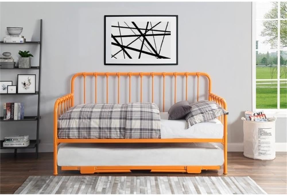 Pemberly Row Contemporary Metal Daybed with Trundle, Orange Finish, Twin Size, 78.5 x 41.5 x 44 in, Folding Legs, Casters, Bedroom Furniture for Sleeping and Space-Saving Use