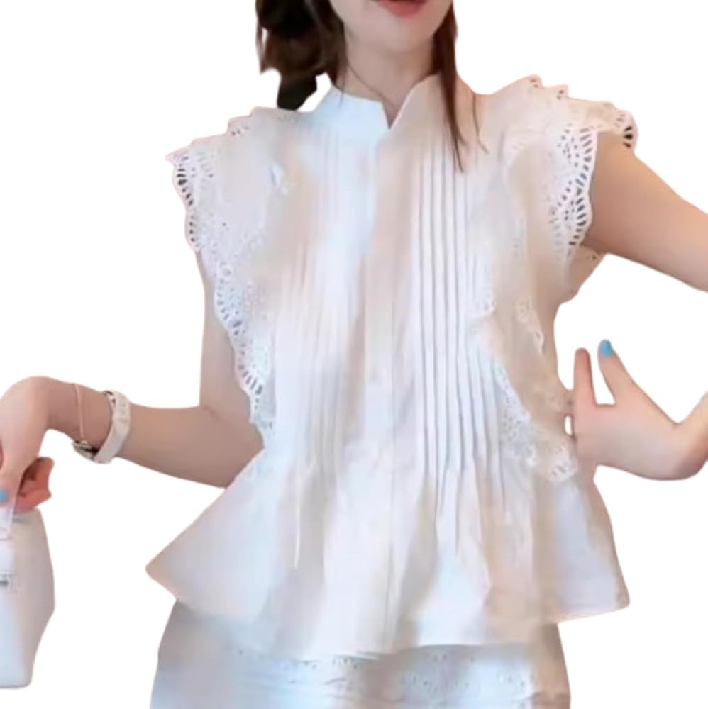 PLEATS PLEASE ノースリーブ レース シャツ ブラウス ホワイト 3 セール】立ち襟 レース 長袖 ブラウス（シャツ/ブラウス）｜Lace