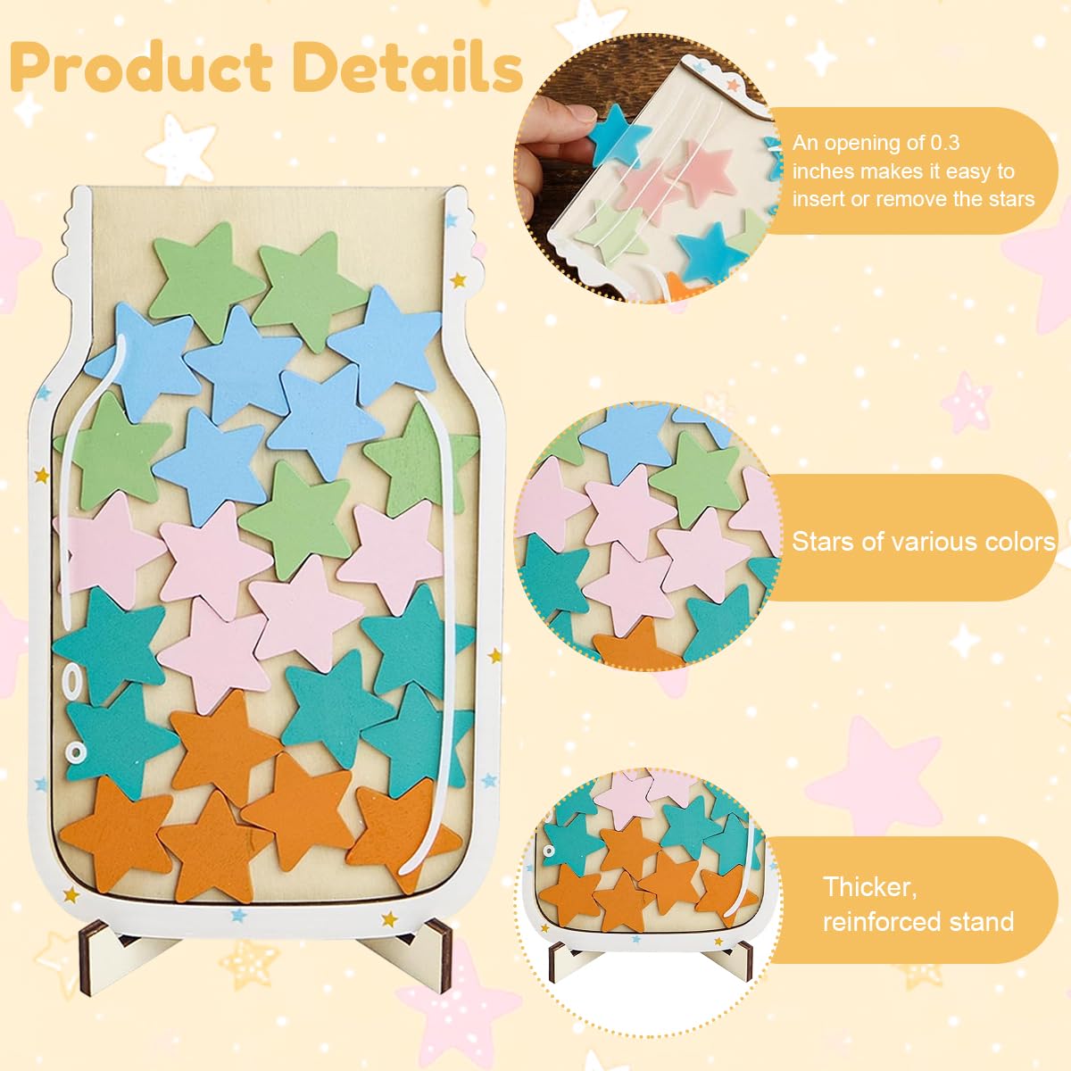 PATPAT® Star Reward Jar for Kids Wooden Reward Jar with 25Pcs Colored Reward Star-Shaped Tokens & Stand Color Star Reward Jar for Kids Reward Token Kit for Kindergarten, Home Education - Image 3 thumbnail