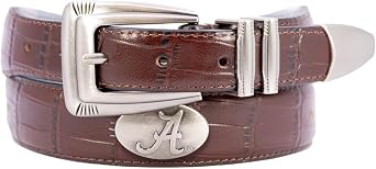 ZEP-PRO NCAA Alabama Crimson Tide Mens Croc Leather Belt Embossed Full Grain Brown Strap With Emblem Conchos 1.25" Wide Collegiate Accessory With Silver Tip, Siz