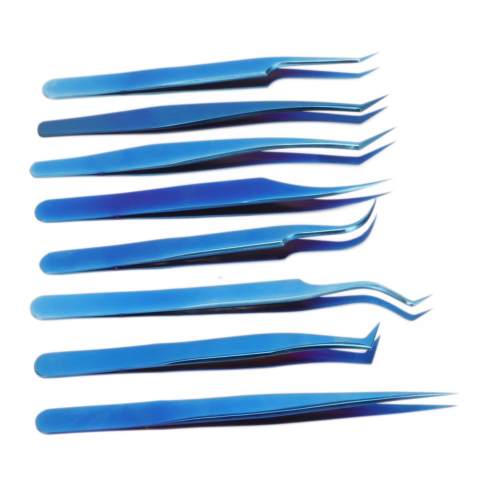 Juego de Pinzas para Pestañas, Ergonómicas, de Alta Dureza, Punta Fina para Artistas Profesionales de Pestañas, Acero Inoxidable, 8 Piezas, Titanio Azul para Practicantes de Extensión de