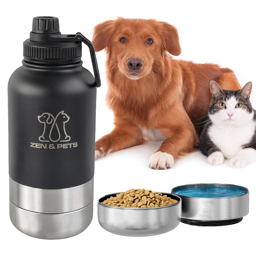Gourde Chien Chat pour balades Vacances, Bouteille d'eau Chiens et Chats Voyage, Isotherme Acier Noir, gamelle pour Aliments, 3 Compartiments