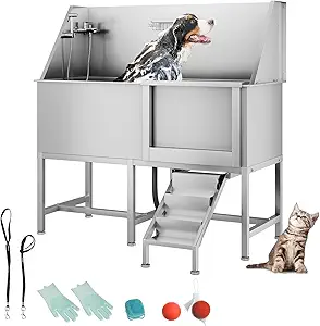 62" Professional Stainless Steel Dog Bathing Station, Large Dog Washing Station W/Dog Bath Brush, Washing Gloves, Floor Grate, Dog and Cat Bath Tub, Dog Washing Sink (62 Inch Left Door)