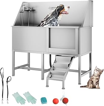 62" Professional Stainless Steel Dog Bathing Station, Large Dog Washing Station W/Dog Bath Brush, Washing Gloves, Floor Grate, Dog and Cat Bath Tub, Dog Washing Sink (62 Inch Left Door)