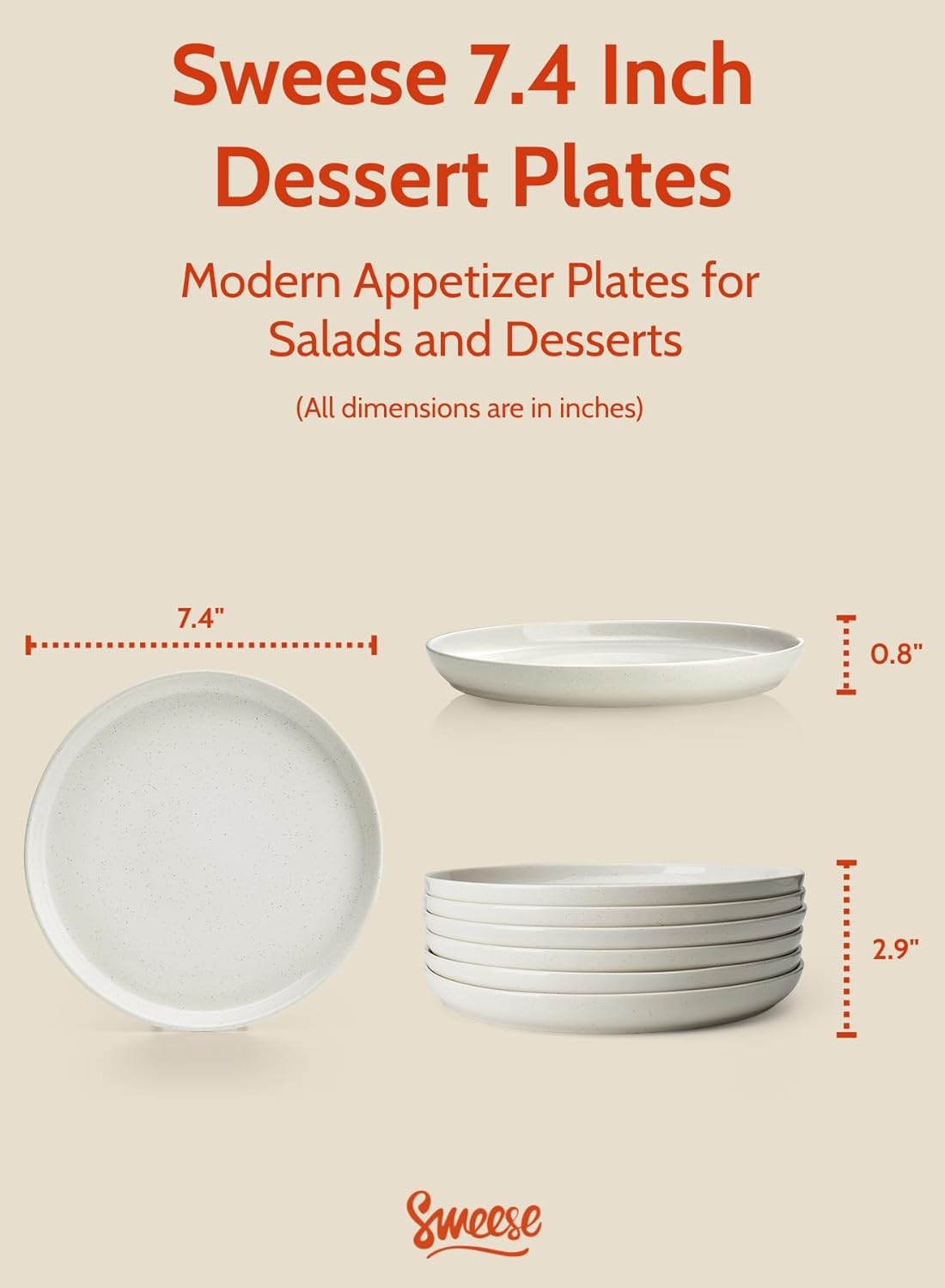 Sweese Porcelain Dessert Plates 7.4 Inch Set of 6 - Dove Gray Salad Plates, Dishwasher Microwave Safe, Smooth Glaze - Image 2
