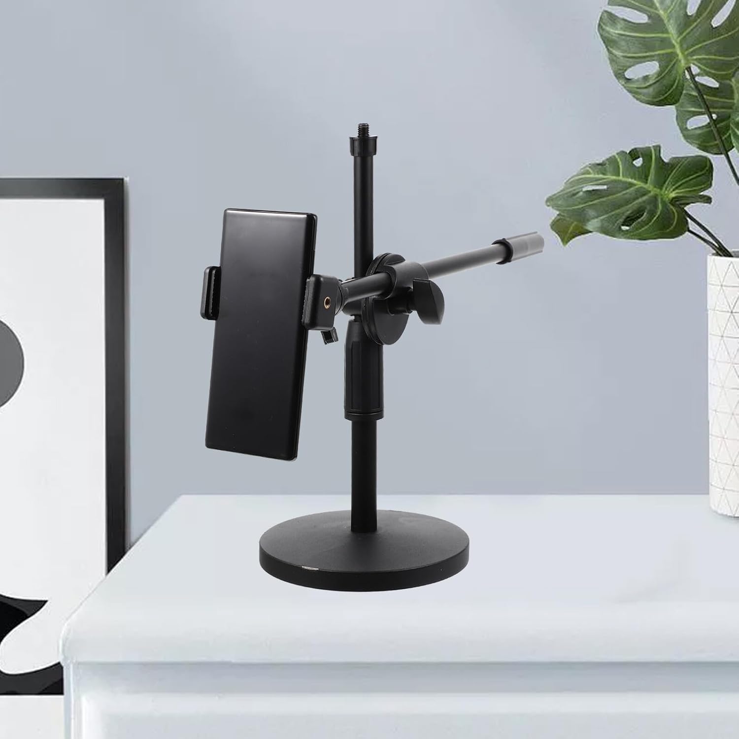 Overhead Phone Mount and Tablet Desk Mount for Video Recording, Adjustable Black Smartphone Arm Stand for Live Streaming and Filming