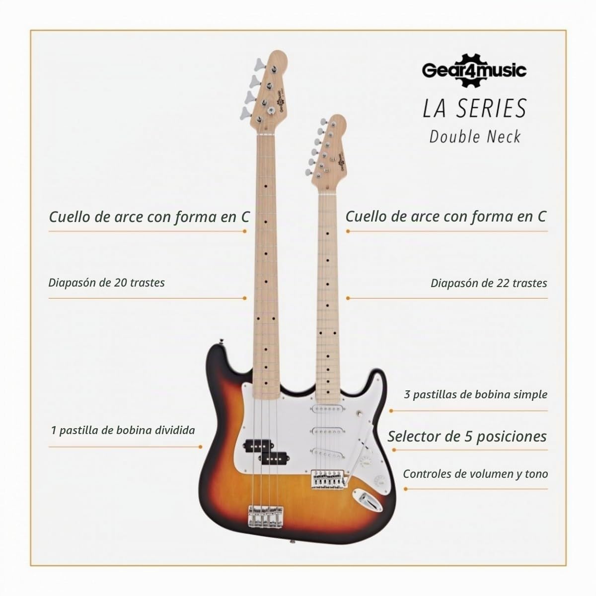 Full Size Guitarra eléctrica y bajo de doble mástil Sunburst