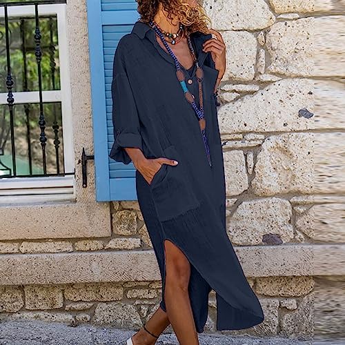 LeHengME Robe Femme Été Décontractée En Coton Et Lin Avec Poches - Couleur Unie