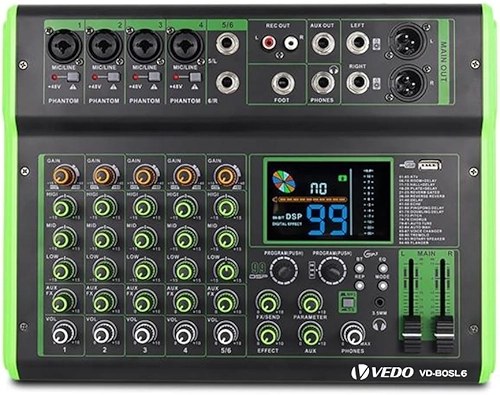 Mesa de Som Profissional Multifuncional de 6 Canais com 100 Efeitos de Reverb, Phantom Power de 48 V, Bluetooth e Conexão Telefônica Sem Fio para Ao Vivo/Karaokê/Gravação