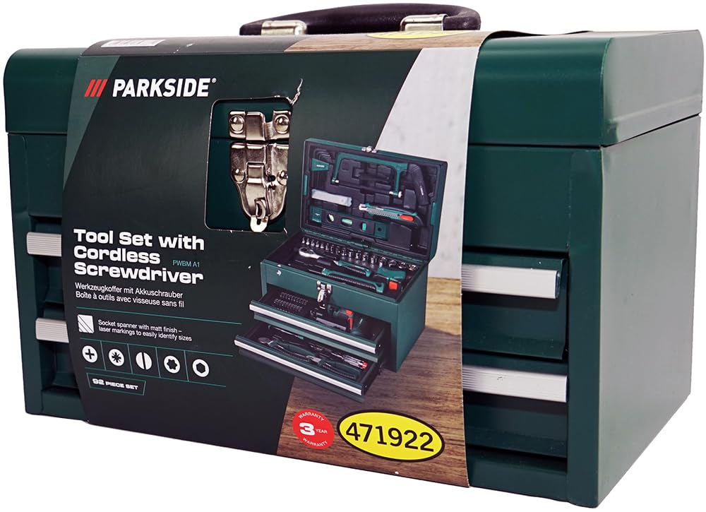 HEADNMORE® Bundle - PARKSIDE® Juego de herramientas con destornillador inalámbrico Estuche de metal PWBM A1 de 92 piezas + llavero