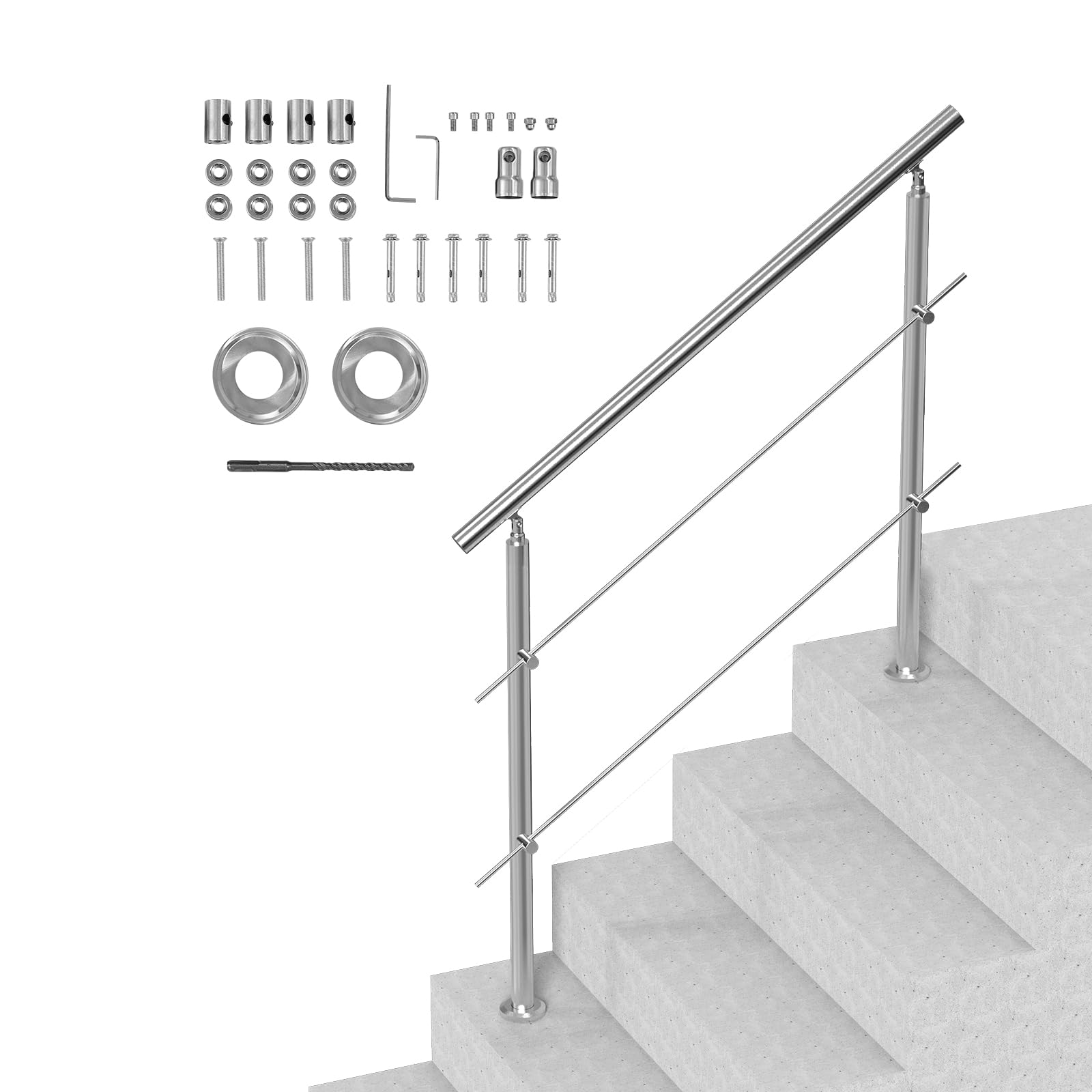 VEVOR Pasamanos de Escalera 120 cm Barandilla de Escalera para Escalones Exteriores de Acero Inoxidable 2 Travesaños con Kit de Instalación Barra de Agarre para Personas Mayores, Porche, Patio