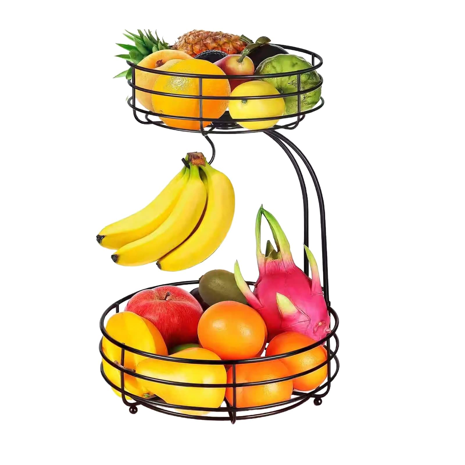 Yblue Black 2-Tier Countertop Fruit Basket Bowl With Banana Hanger, Metal Bowls Vegetable And Fruit Storage Basket Perfect For Holding Fruit, Vegetables, Snacks, Cupcakes