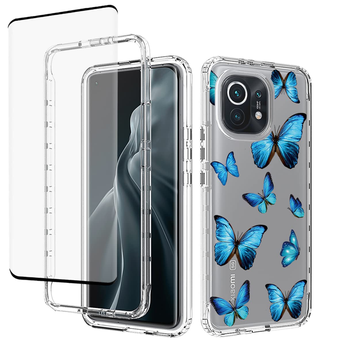 Case for Xiaomi 11 5G Case, M2011K2C Case with Tempered-Glass Screen Protector, Cute Clear Butterfly Pattern Full Body Protective Phone Cover Cases for Xiaomi Mi 11 5G (Blue Butterfly)
