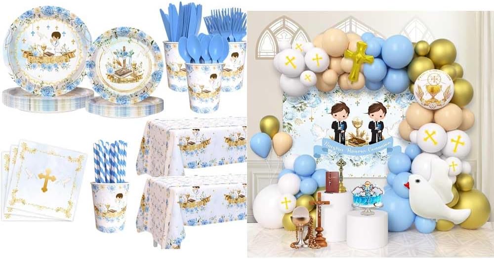 309PCS Mi Primera Comunion Baptism Party Decorations for Boy Blue First Holy Communion Party Supplies